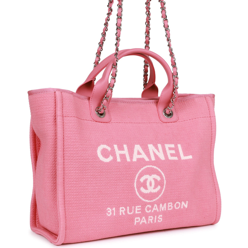 Chanel Small Deauville Shopping Bag Pink Boucle Silver Hardware