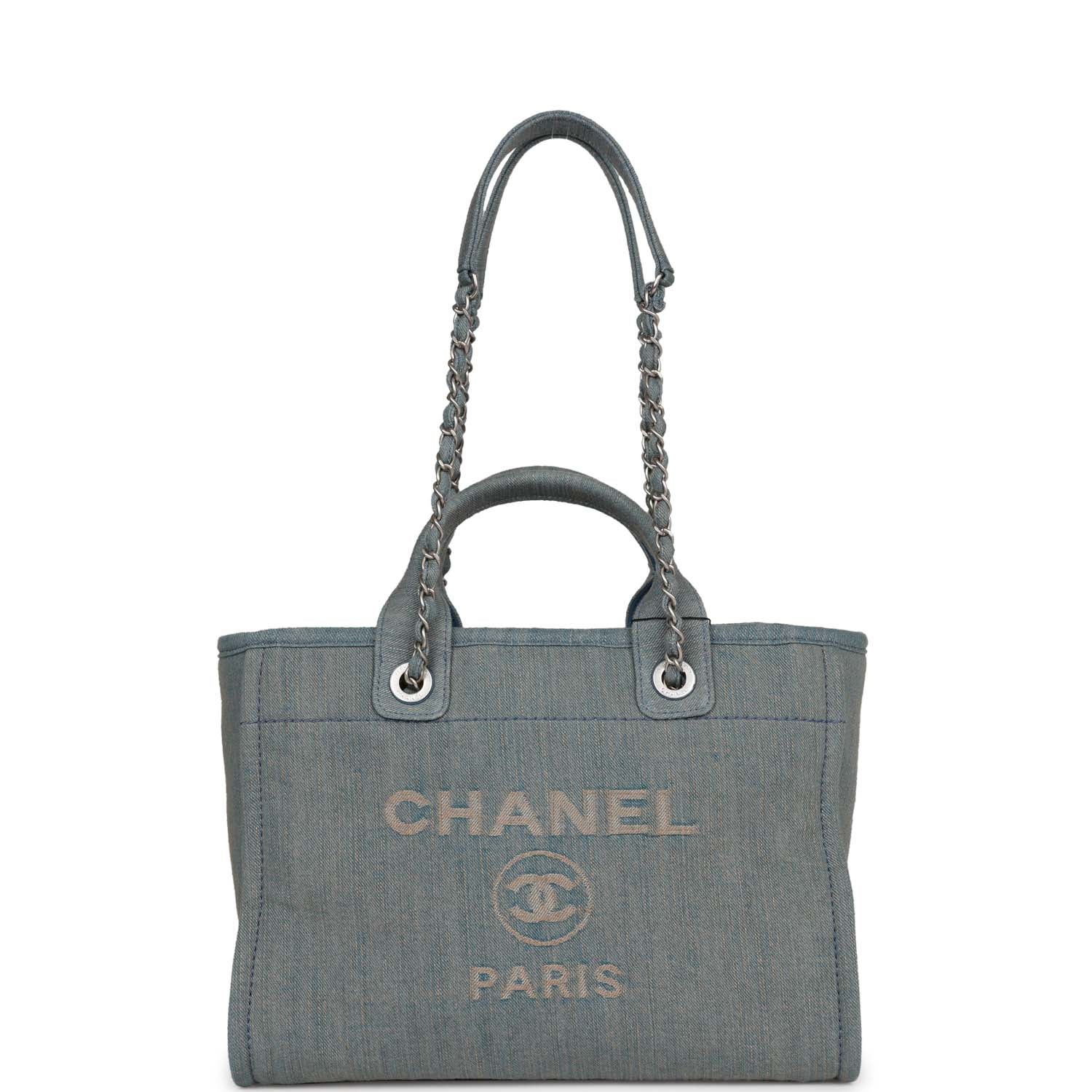 Chanel Small Deauville Shopping Bag Distressed Blue Denim Aged Silver Hardware
