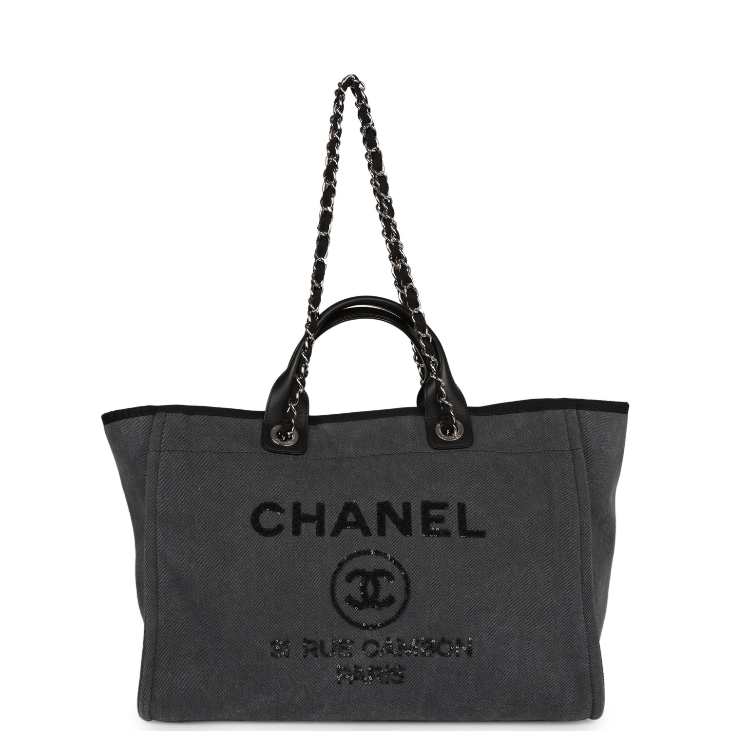 Chanel Medium Deauville Shopping Bag Dark Grey Denim Silver Hardware