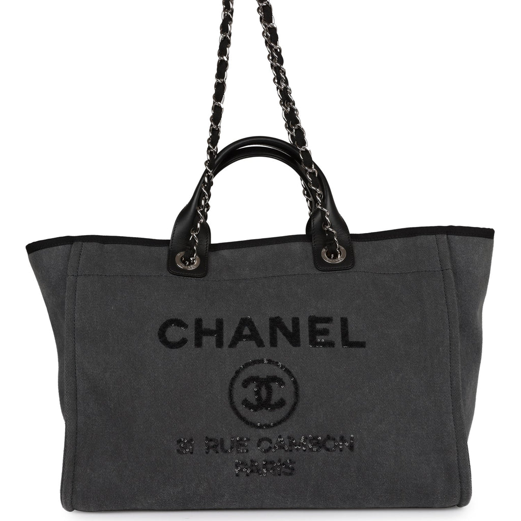 Chanel Medium Deauville Shopping Bag Dark Grey Denim Silver Hardware