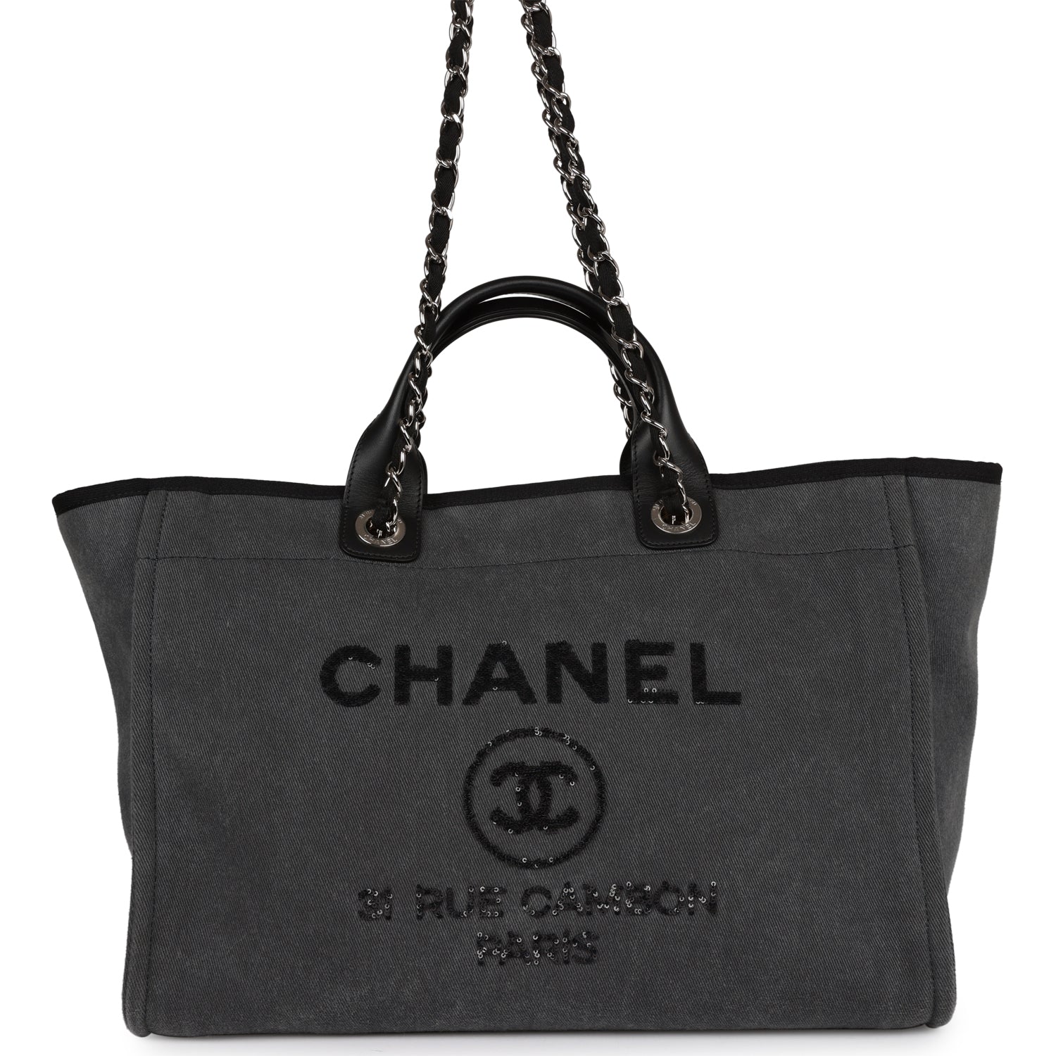 Chanel Medium Deauville Shopping Bag Dark Grey Denim Silver Hardware