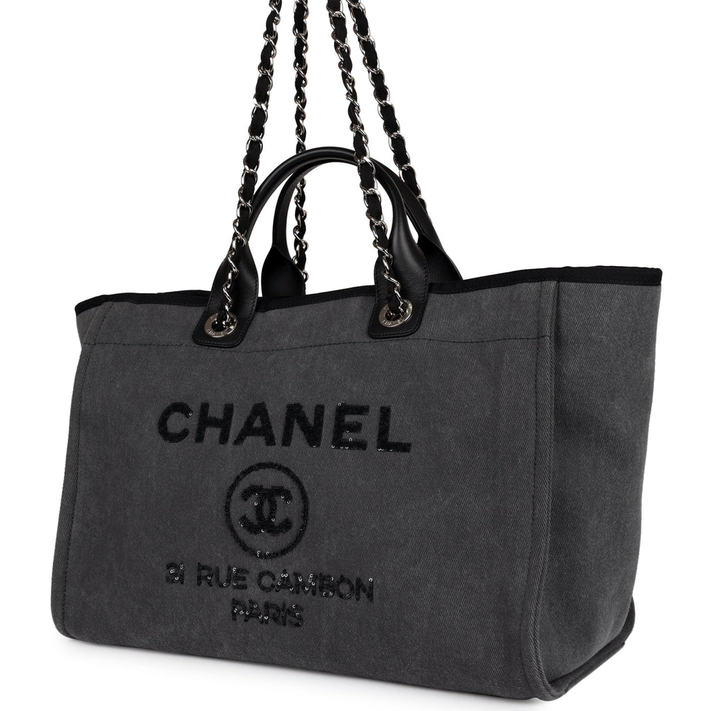 Chanel Medium Deauville Shopping Bag Dark Grey Denim Silver Hardware