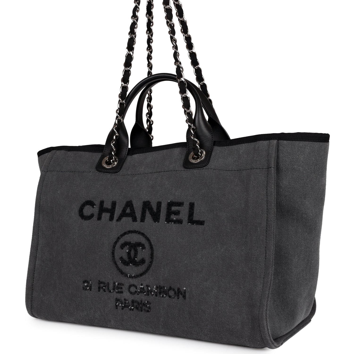 Chanel Medium Deauville Shopping Bag Dark Grey Denim Silver Hardware