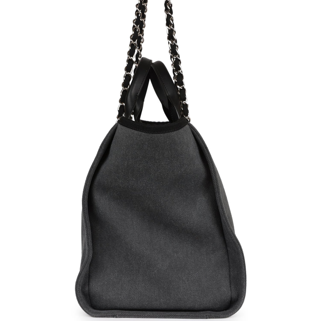 Chanel Medium Deauville Shopping Bag Dark Grey Denim Silver Hardware