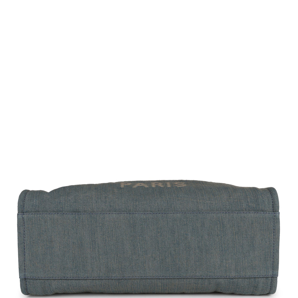 Chanel Large Deauville Shopping Bag Distressed Blue Denim Silver Hardware