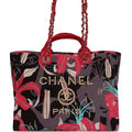Chanel Small Deauville Shopping Bag Grey and Pink Tropical Floral Velvet Light Gold Hardware