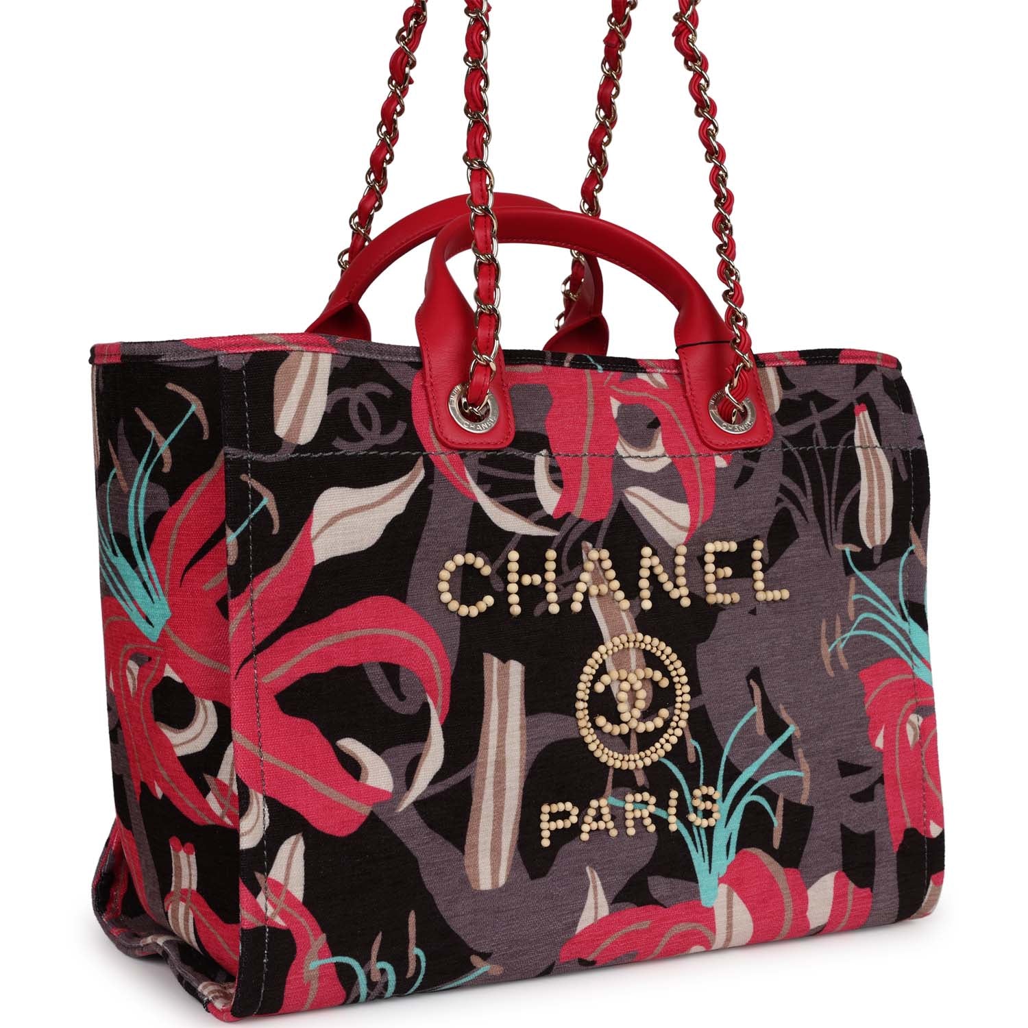 Chanel Small Deauville Shopping Bag Grey and Pink Tropical Floral Velvet Light Gold Hardware
