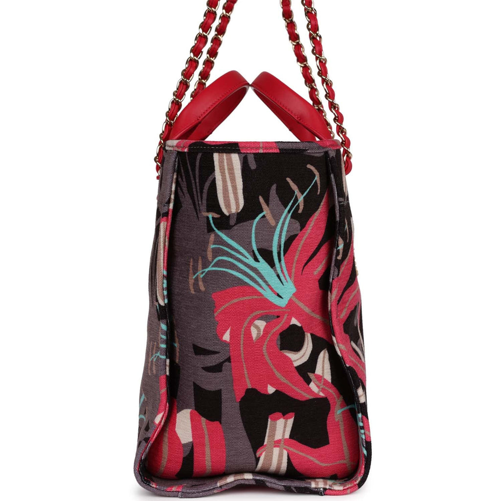 Chanel Small Deauville Shopping Bag Grey and Pink Tropical Floral Velvet Light Gold Hardware