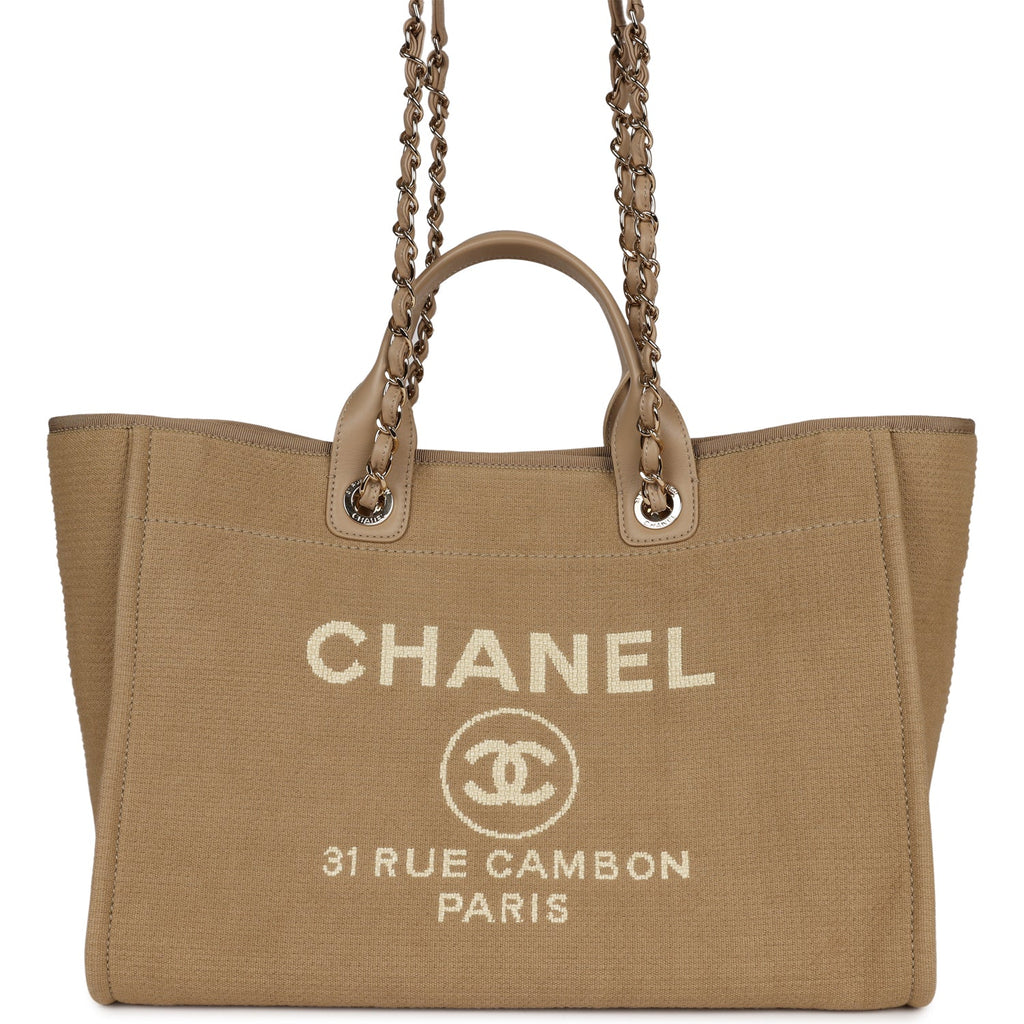 Chanel Large Deauville Shopping Tote Beige Canvas Gold Hardware