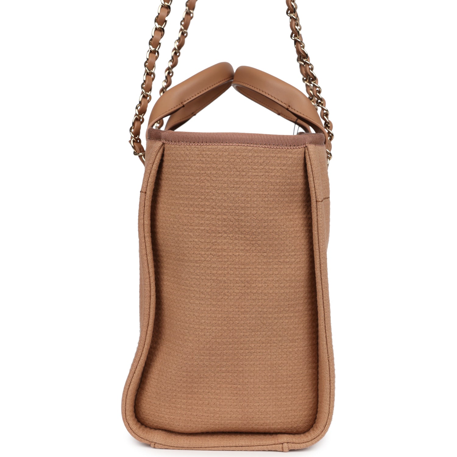 Chanel Small Deauville Shopping Tote Dark Beige Canvas Light Gold Hardware