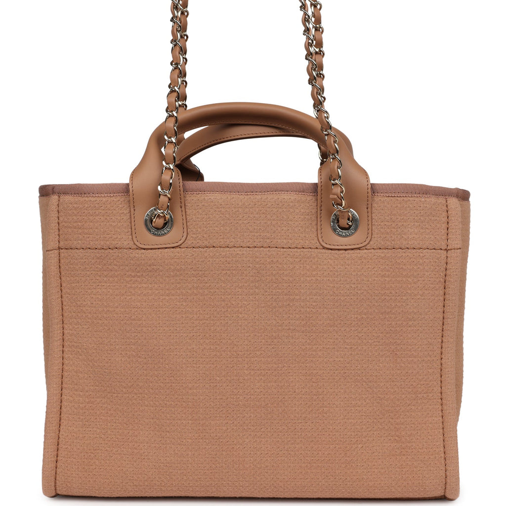 Chanel Small Deauville Shopping Tote Dark Beige Canvas Light Gold Hardware