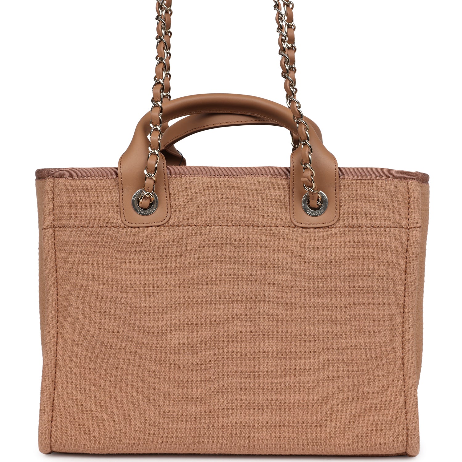 Chanel Small Deauville Shopping Tote Dark Beige Canvas Light Gold Hardware