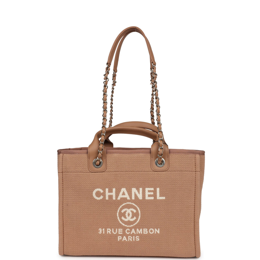 Chanel Small Deauville Shopping Tote Dark Beige Canvas Light Gold Hardware
