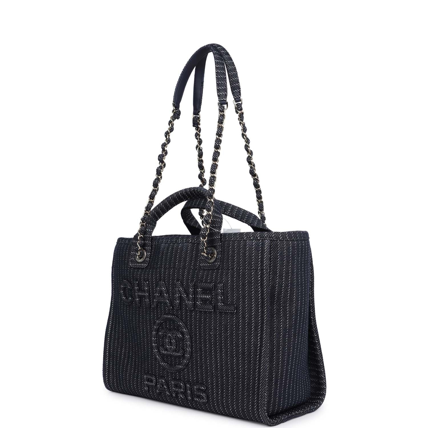 Chanel Small Striped Deauville Shopping Tote Navy Blue and White Denim Light Gold Hardware