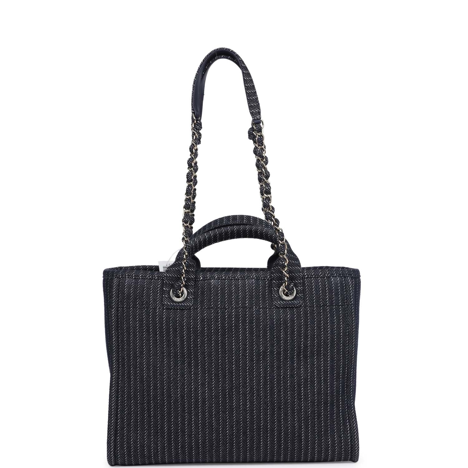 Chanel Small Striped Deauville Shopping Tote Navy Blue and White Denim Light Gold Hardware