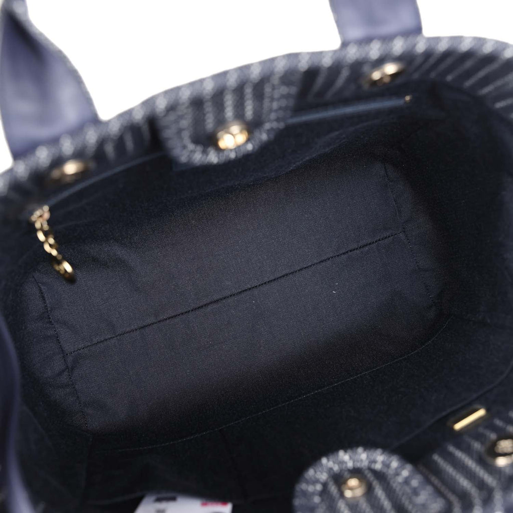 Chanel Small Striped Deauville Shopping Tote Navy Blue and White Denim Light Gold Hardware