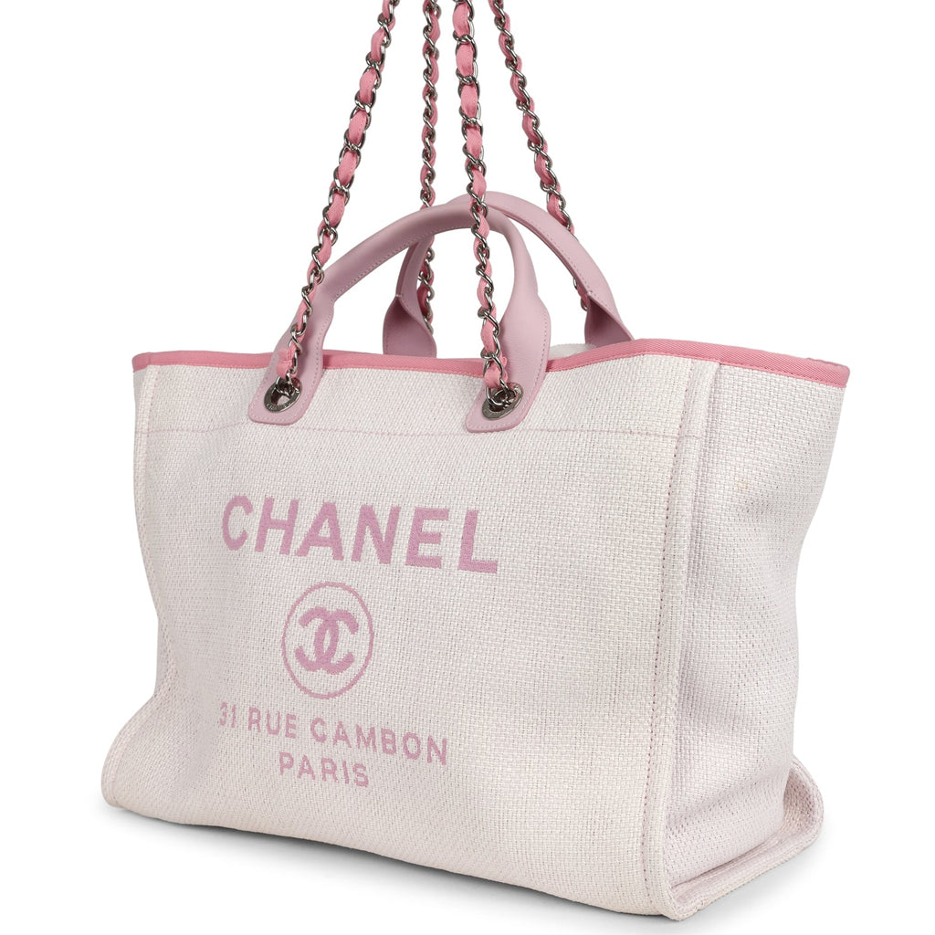 Chanel Medium Deauville Shopping Tote Light Pink Raffia and Canvas Silver Hardware