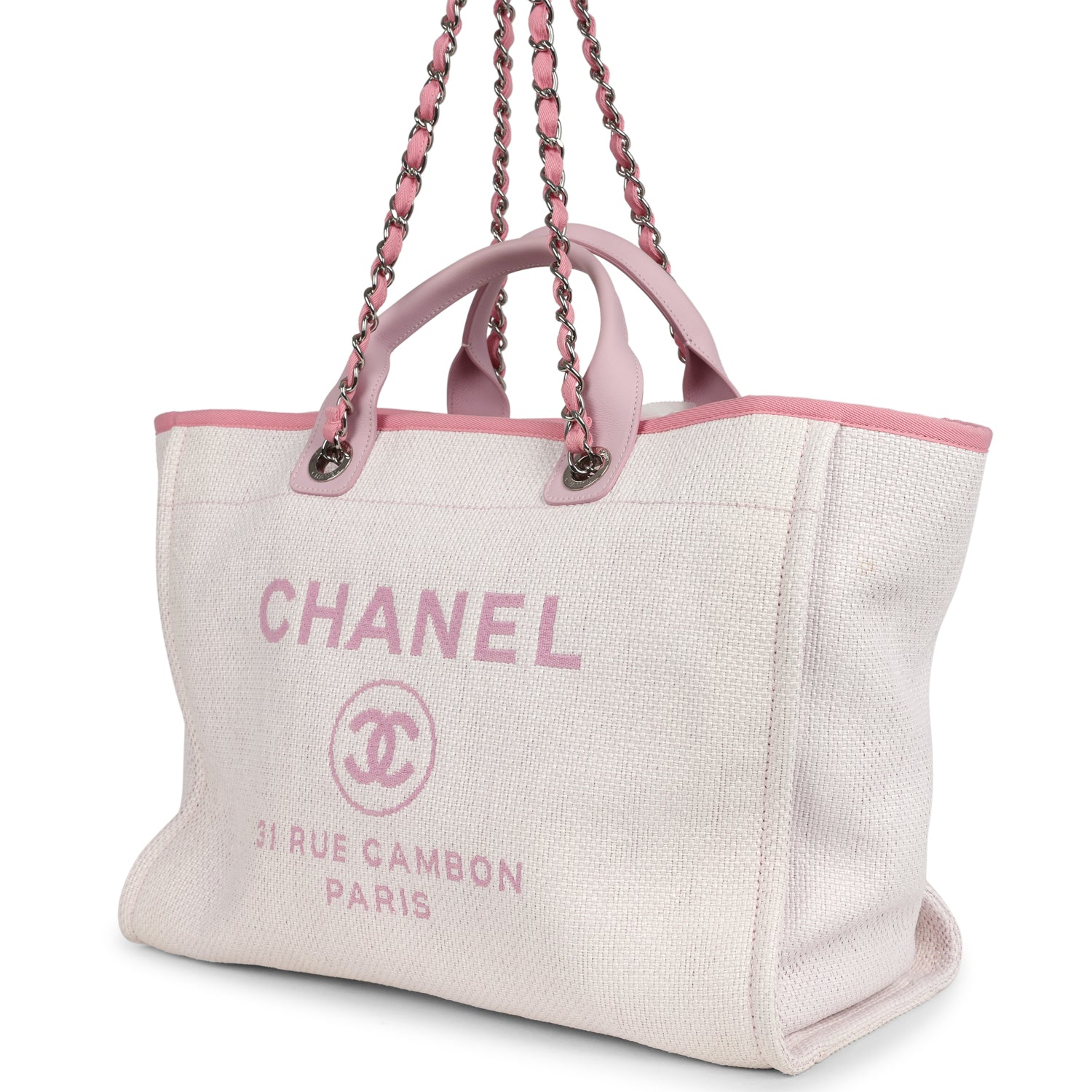 Chanel Medium Deauville Shopping Tote Light Pink Raffia and Canvas Silver Hardware