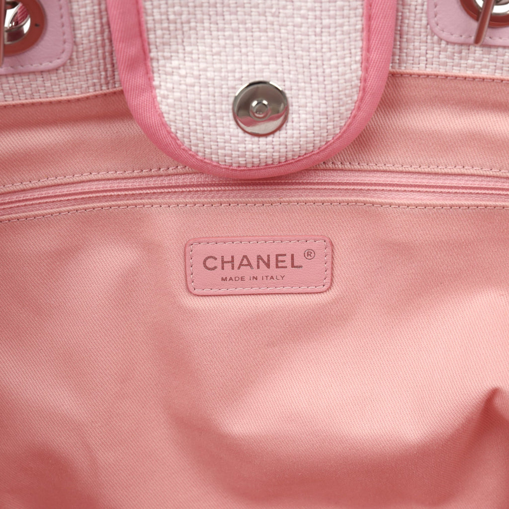 Chanel Medium Deauville Shopping Tote Light Pink Raffia and Canvas Silver Hardware