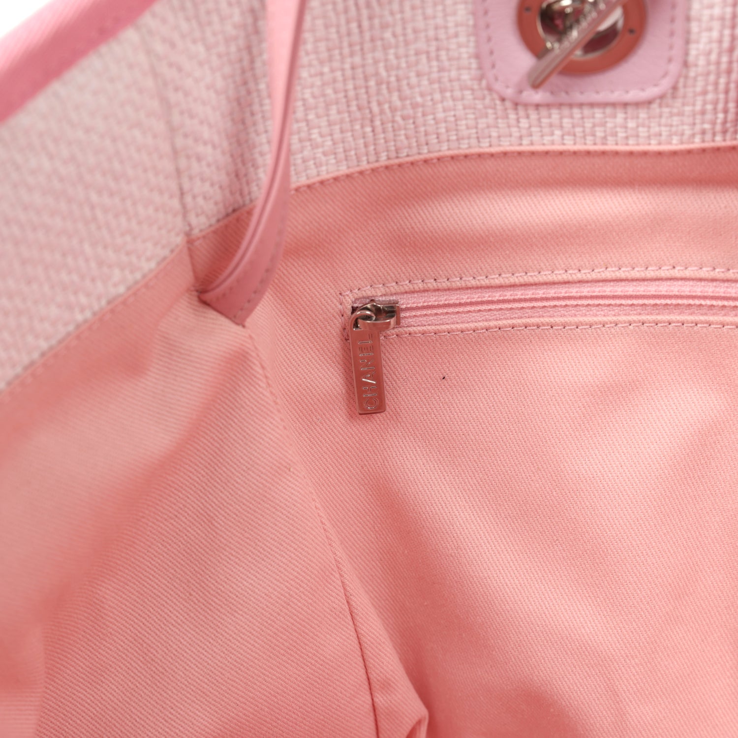 Chanel Medium Deauville Shopping Tote Light Pink Raffia and Canvas Silver Hardware