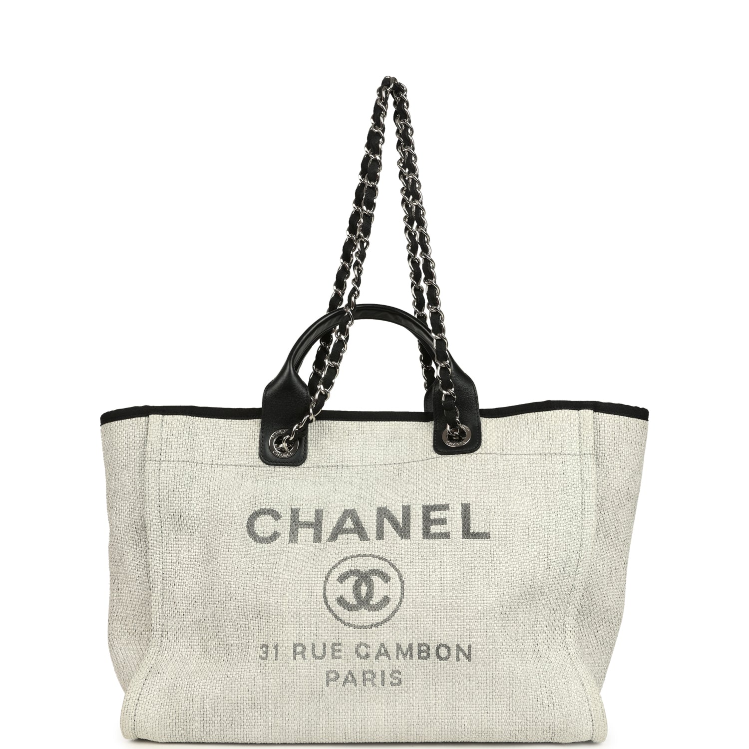Chanel Medium Deauville Shopping Tote Light Grey Raffia and Canvas Silver Hardware