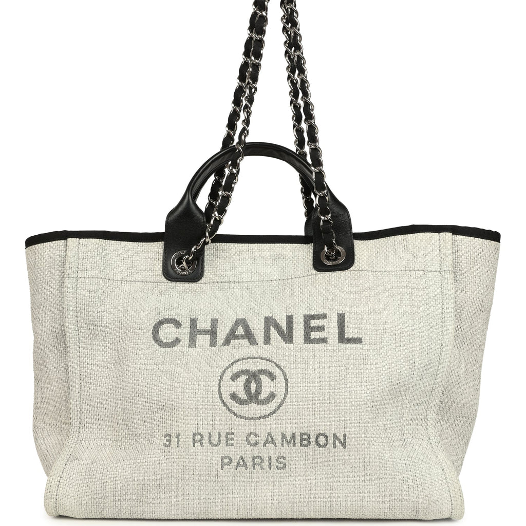 Chanel Medium Deauville Shopping Tote Light Grey Raffia and Canvas Silver Hardware