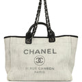 Chanel Medium Deauville Shopping Tote Light Grey Raffia and Canvas Silver Hardware