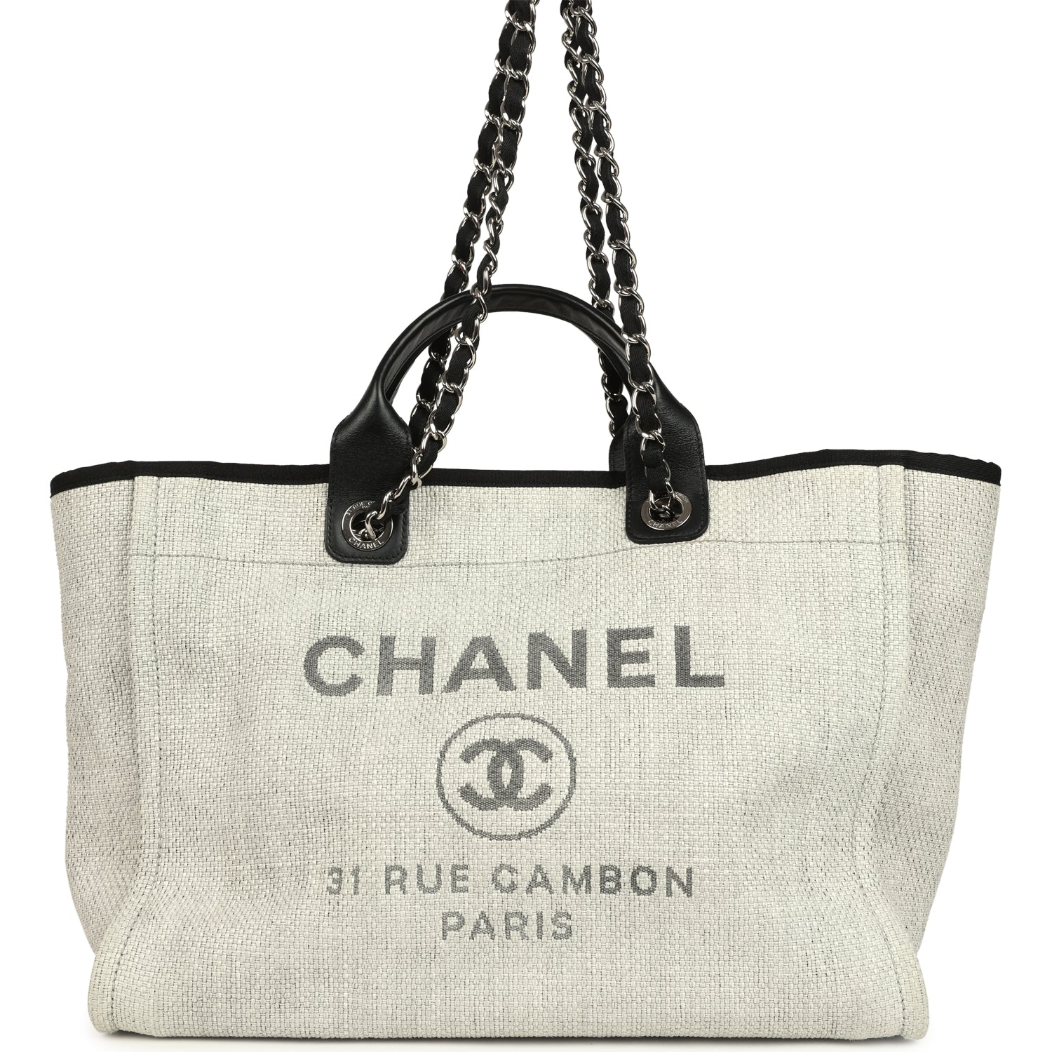 Chanel Medium Deauville Shopping Tote Light Grey Raffia and Canvas Silver Hardware