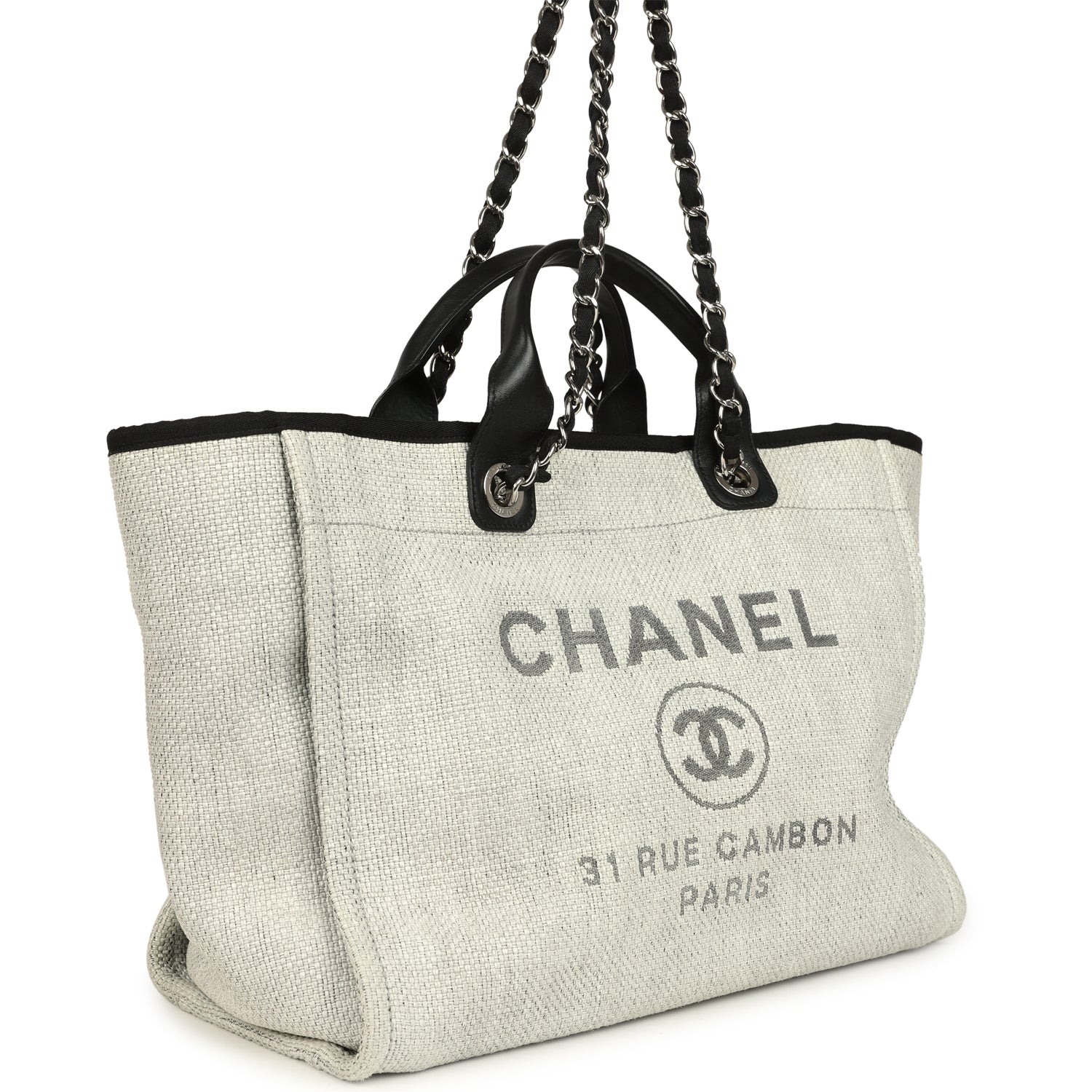 Chanel Medium Deauville Shopping Tote Light Grey Raffia and Canvas Silver Hardware