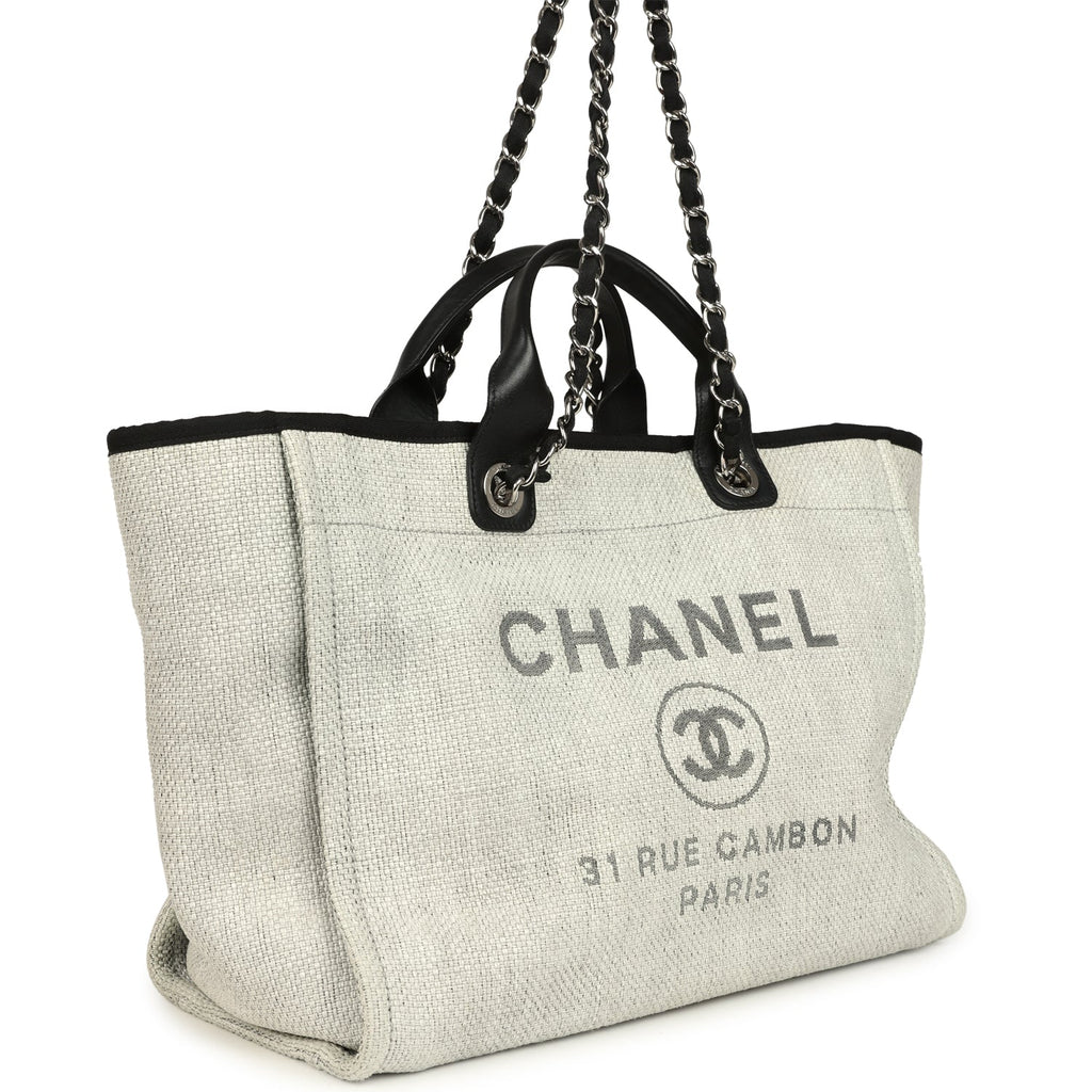 Chanel Medium Deauville Shopping Tote Light Grey Raffia and Canvas Silver Hardware