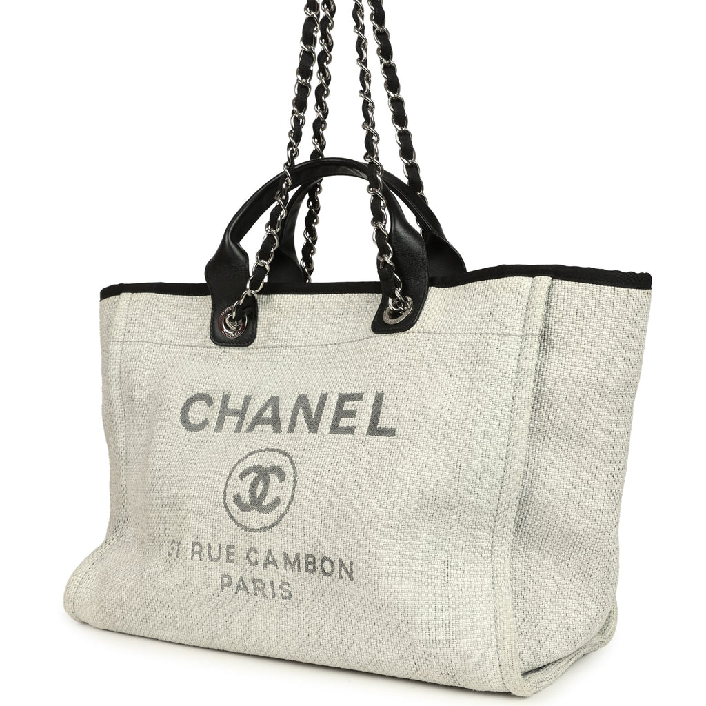 Chanel Medium Deauville Shopping Tote Light Grey Raffia and Canvas Silver Hardware