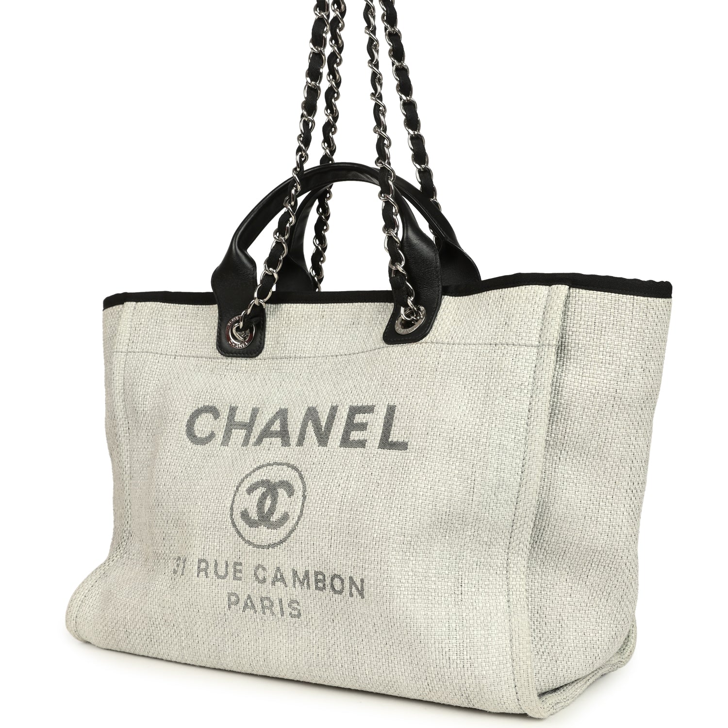 Chanel Medium Deauville Shopping Tote Light Grey Raffia and Canvas Silver Hardware