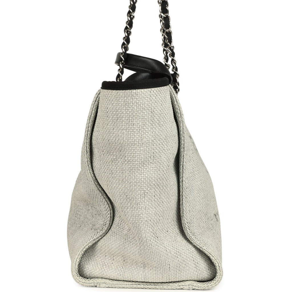 Chanel Medium Deauville Shopping Tote Light Grey Raffia and Canvas Silver Hardware
