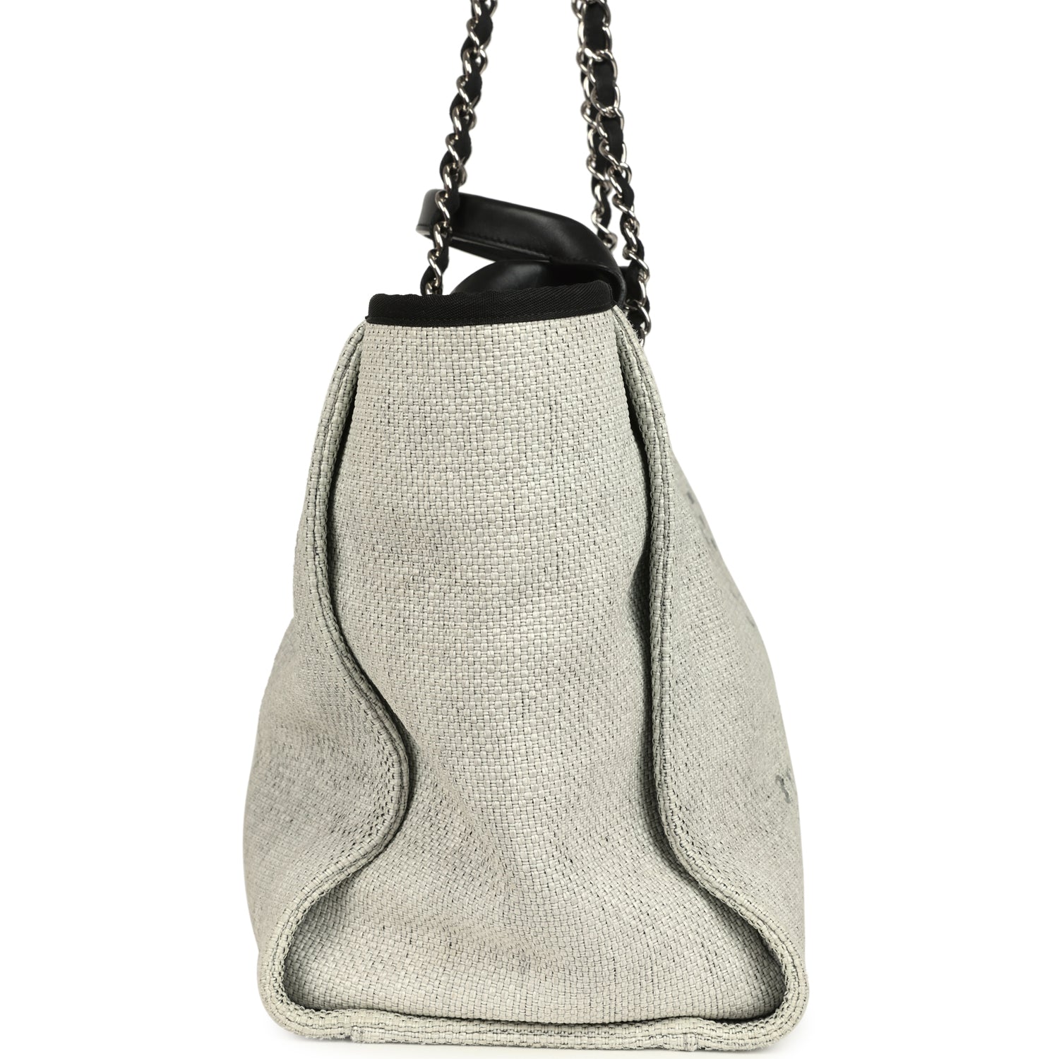 Chanel Medium Deauville Shopping Tote Light Grey Raffia and Canvas Silver Hardware