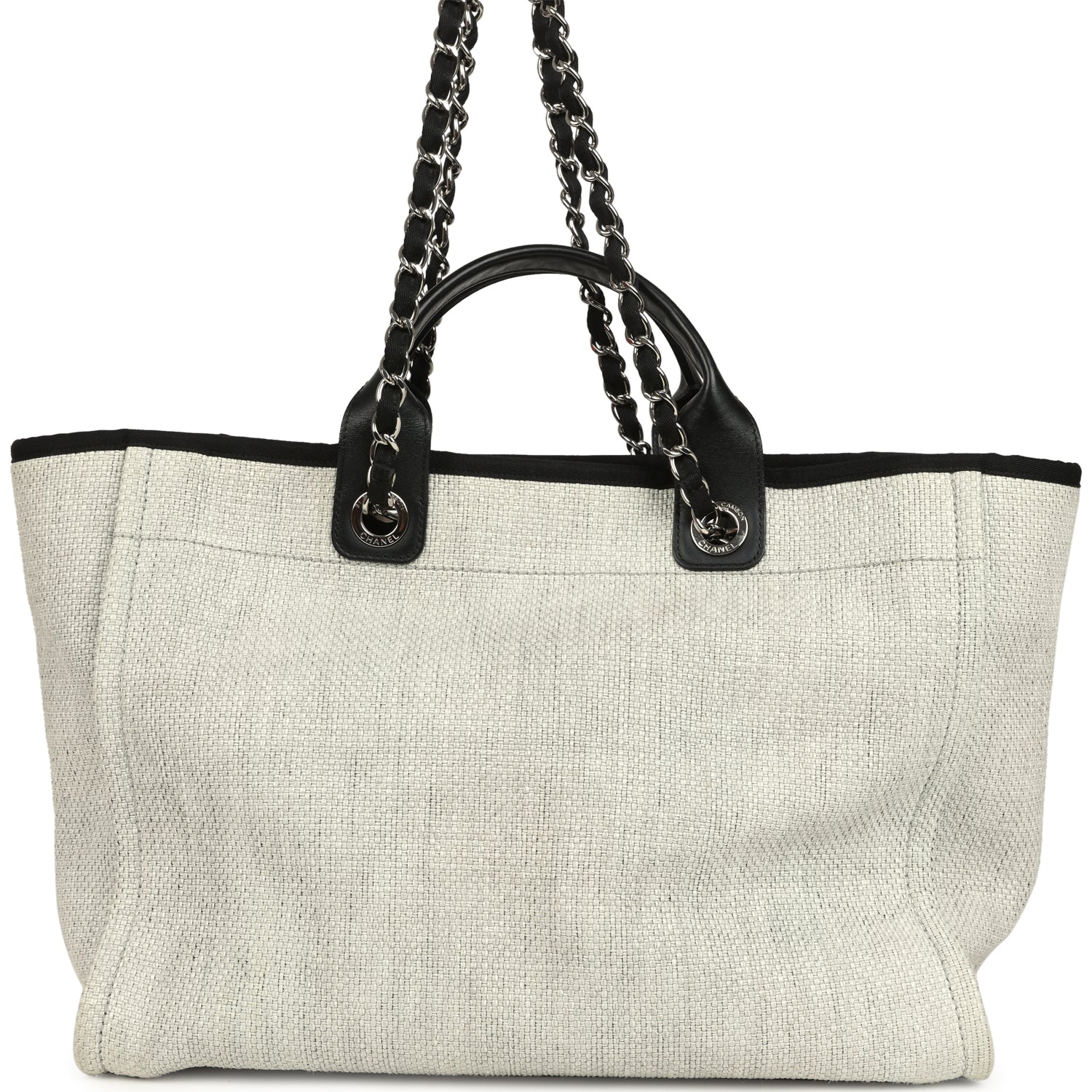 Chanel Medium Deauville Shopping Tote Light Grey Raffia and Canvas Silver Hardware