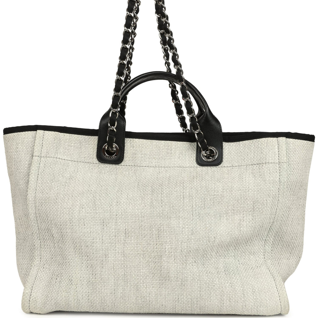 Chanel Medium Deauville Shopping Tote Light Grey Raffia and Canvas Silver Hardware