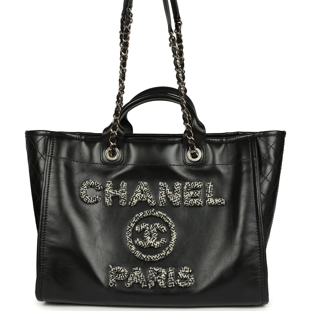 Chanel Medium Deauville Shopping Tote Black Crumpled Calfskin and Tweed Gold Hardware