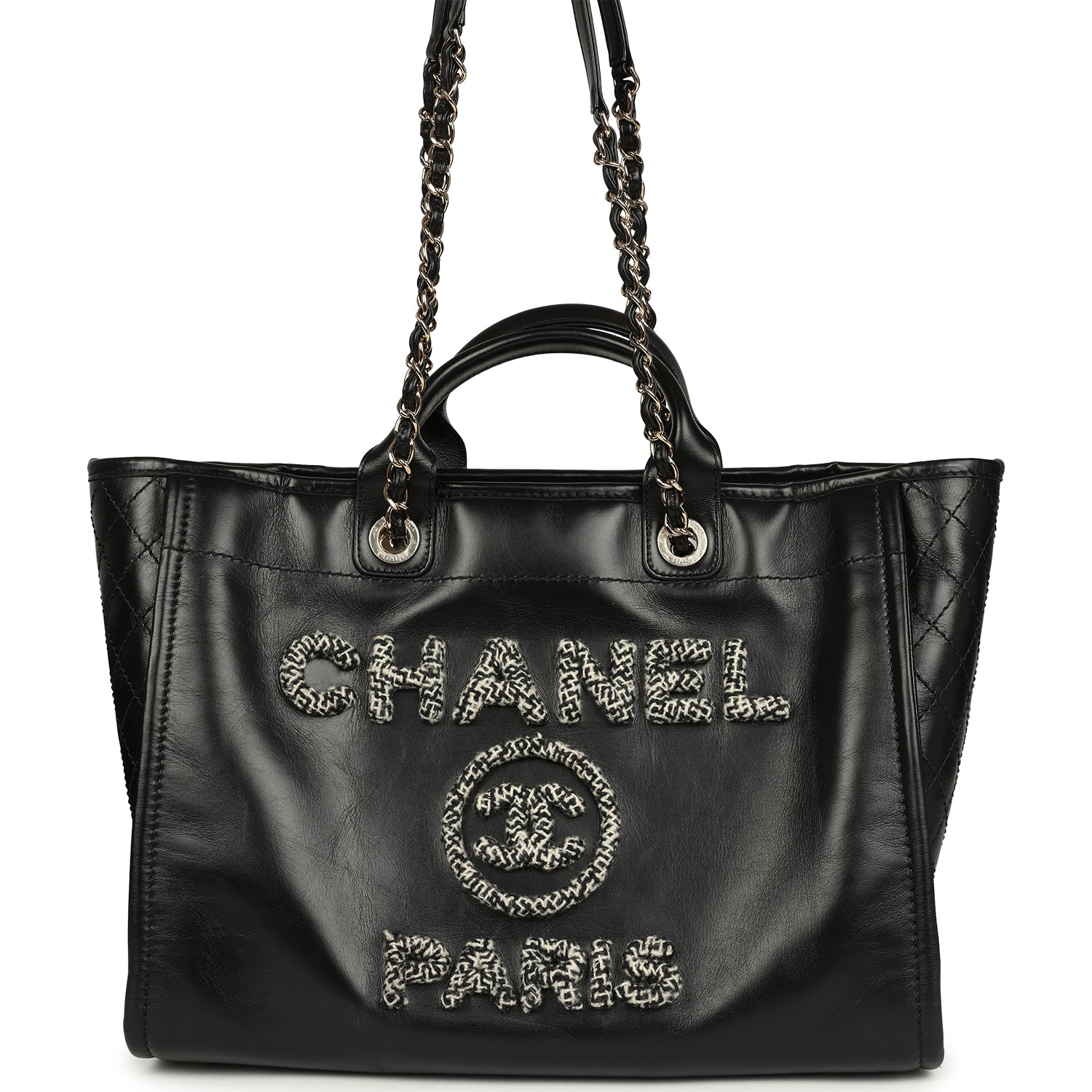 Chanel Medium Deauville Shopping Tote Black Crumpled Calfskin and Tweed Gold Hardware