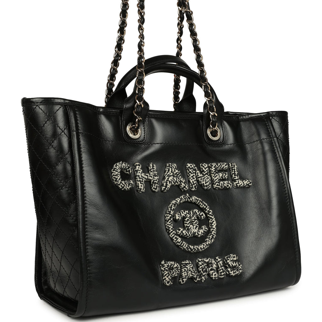 Chanel Medium Deauville Shopping Tote Black Crumpled Calfskin and Tweed Gold Hardware