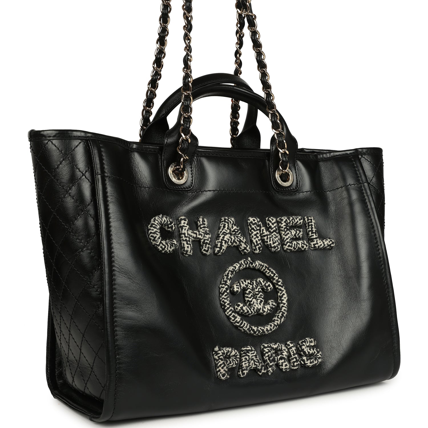 Chanel Medium Deauville Shopping Tote Black Crumpled Calfskin and Tweed Gold Hardware