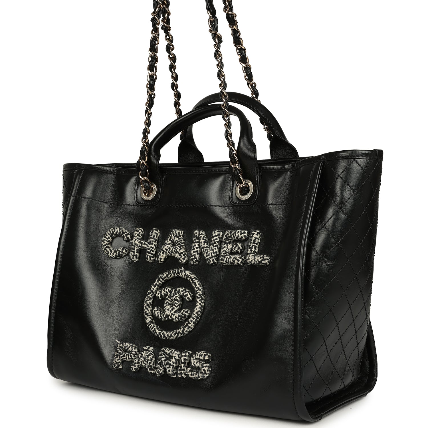 Chanel Medium Deauville Shopping Tote Black Crumpled Calfskin and Tweed Gold Hardware