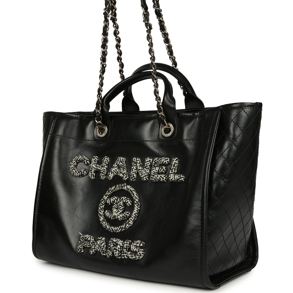 Chanel Medium Deauville Shopping Tote Black Crumpled Calfskin and Tweed Gold Hardware