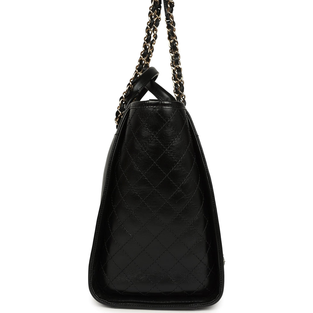 Chanel Medium Deauville Shopping Tote Black Crumpled Calfskin and Tweed Gold Hardware
