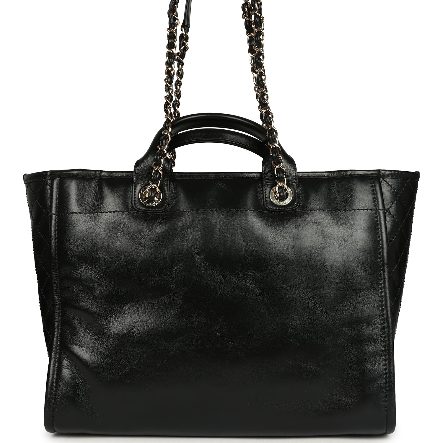 Chanel Medium Deauville Shopping Tote Black Crumpled Calfskin and Tweed Gold Hardware