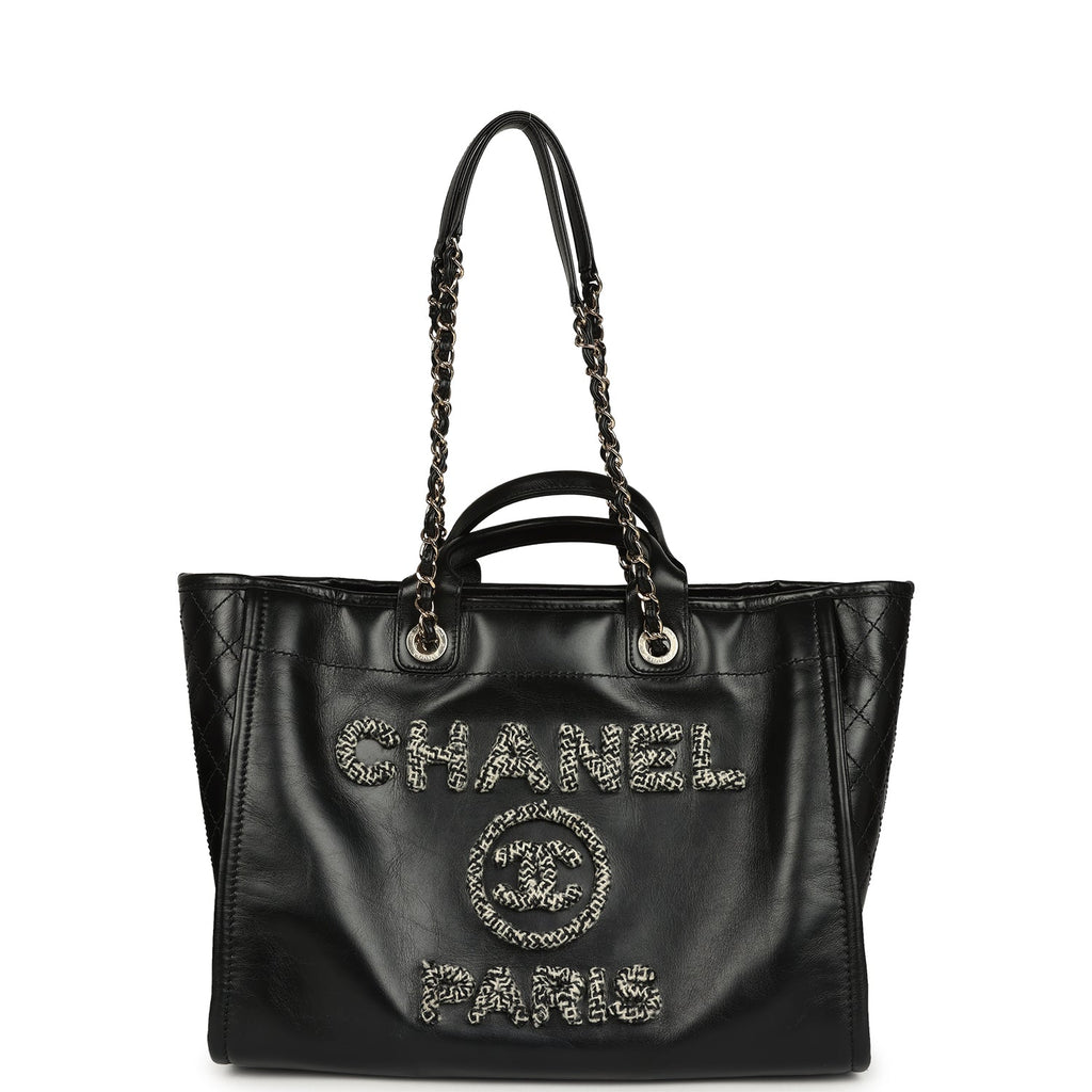 Chanel Medium Deauville Shopping Tote Black Crumpled Calfskin and Tweed Gold Hardware