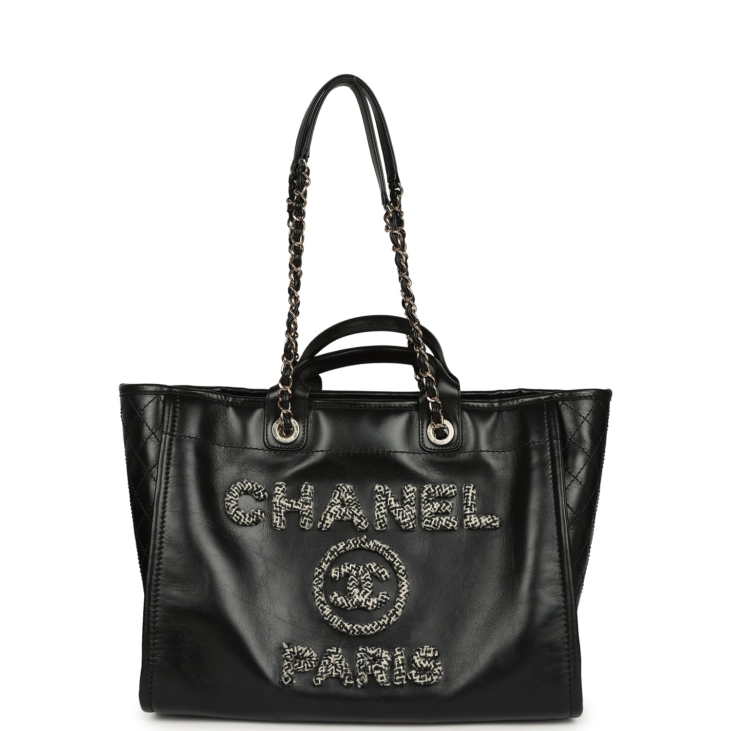 Chanel Medium Deauville Shopping Tote Black Crumpled Calfskin and Tweed Gold Hardware