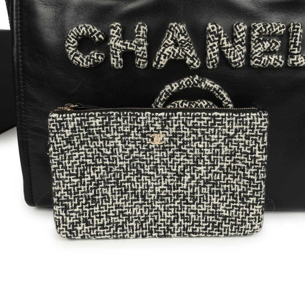 Chanel Medium Deauville Shopping Tote Black Crumpled Calfskin and Tweed Gold Hardware