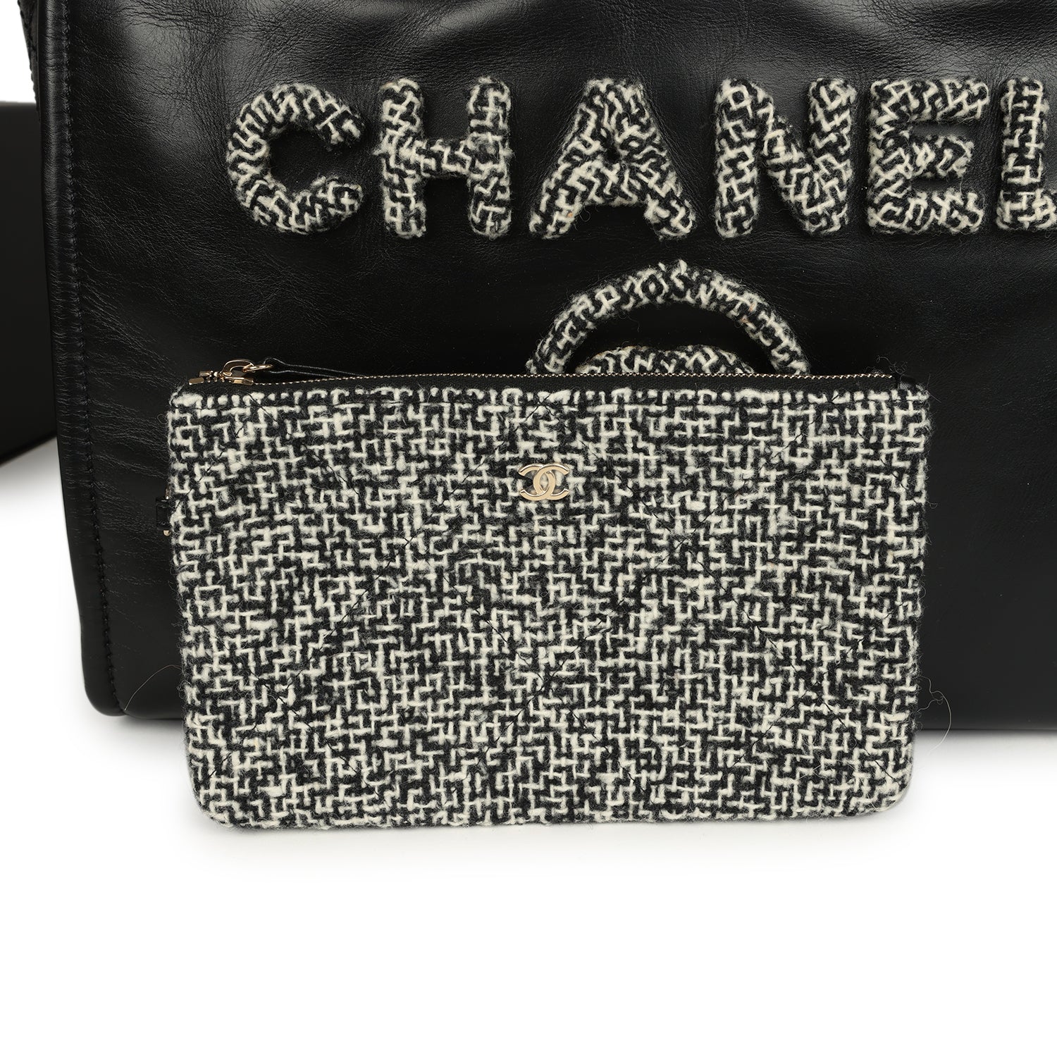 Chanel Medium Deauville Shopping Tote Black Crumpled Calfskin and Tweed Gold Hardware