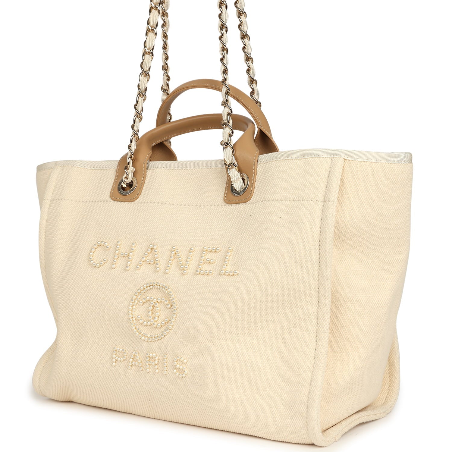 Chanel Medium Pearl Embellished Deauville Shopping Tote Light Beige Canvas Light Gold Hardware