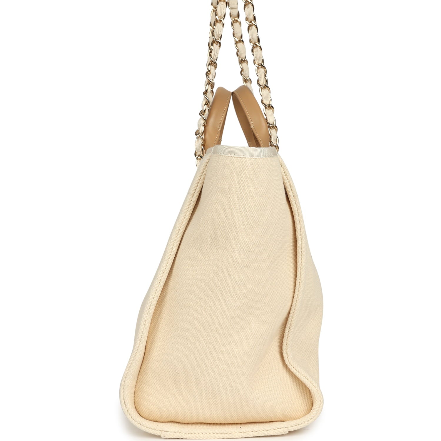 Chanel Medium Pearl Embellished Deauville Shopping Tote Light Beige Canvas Light Gold Hardware